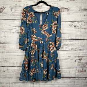 Speechless Blue Floral Boho Mini Dress Flowy Tiered Hem Sheer Sleeve Womens XXL
